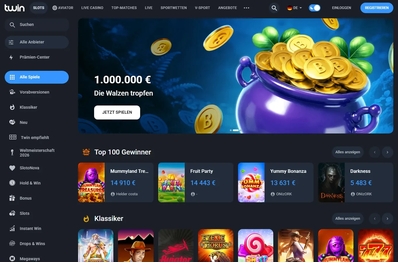 Startseite von Twin Casino Deutschland mit Spielkategorien