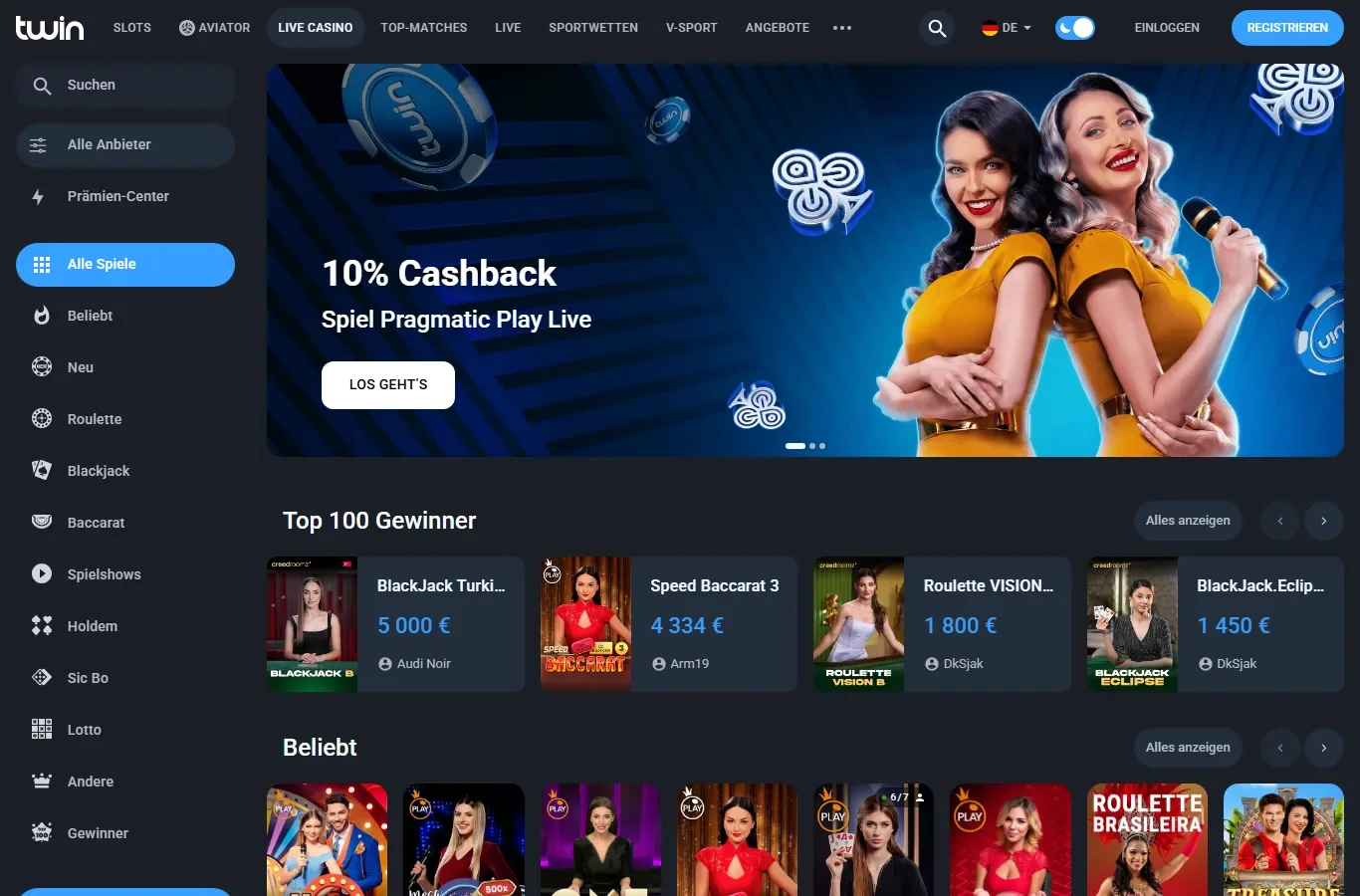 Live Casino Bereich von Twin mit Tischen fuer Roulette und Blackjack